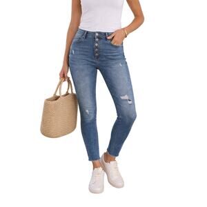 Rachel Roy High Rise Exposed Button Skinny Jeans Distressed Blue 14/32 NWT